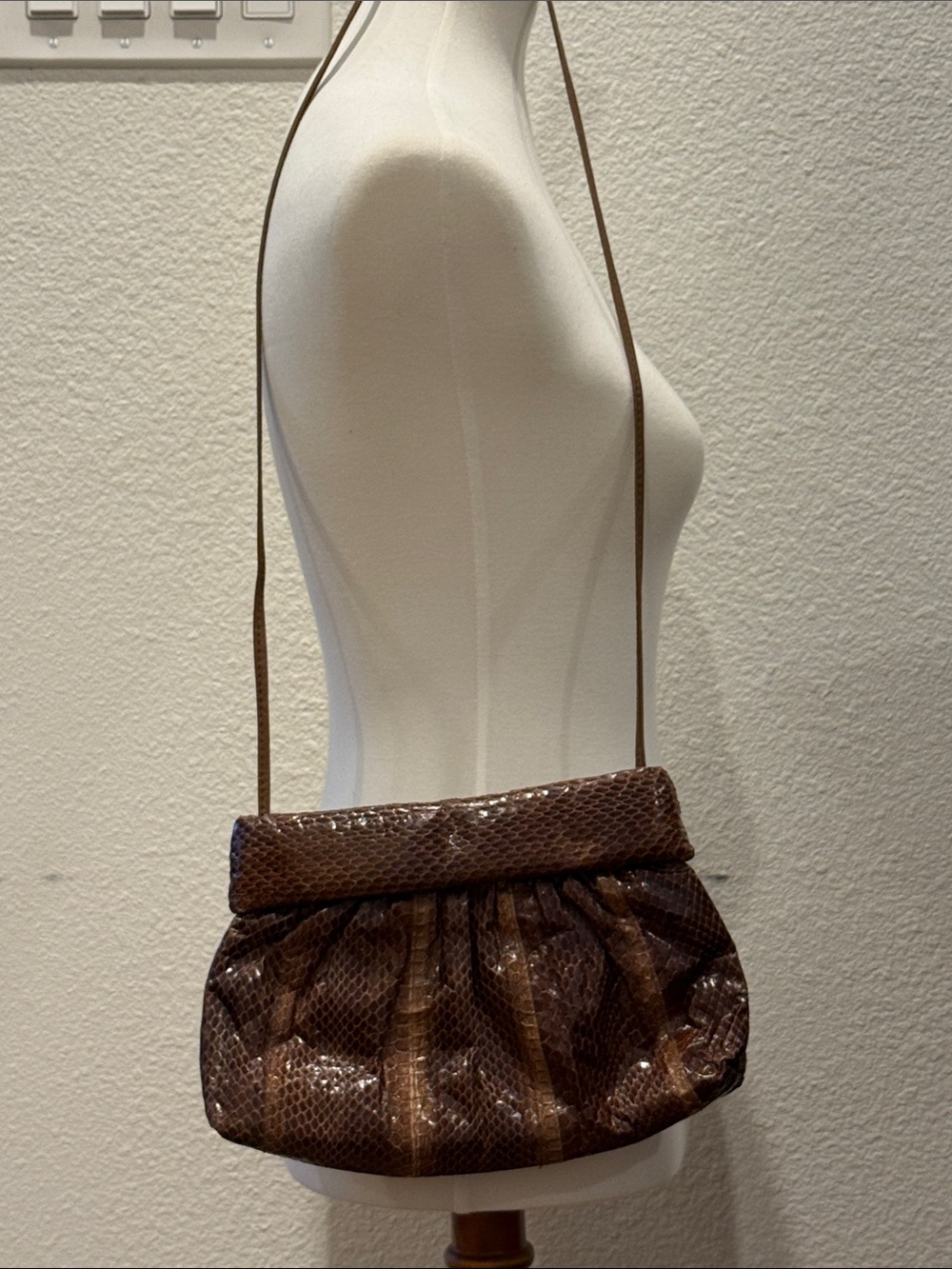 Vintage Clemente Brown Snake-Effect Gathered Crossbody Bag